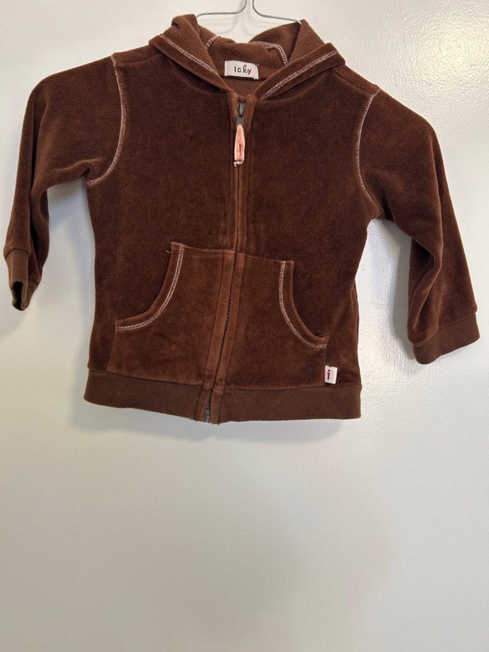 Kids 2T Brown Velour Hooded Zip-Up Sweatshirt plus pockets
